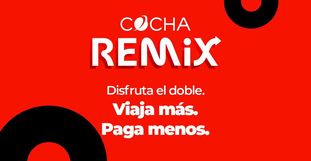 Logotipo COCHA REMIX y el eslogan: Disfruta el doble. Viaja más. Paga menos.