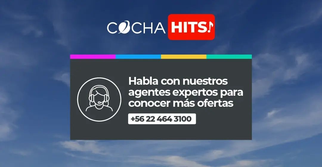 Logo COCHAHITS sobre cielo con banner de contacto de atención al cliente.