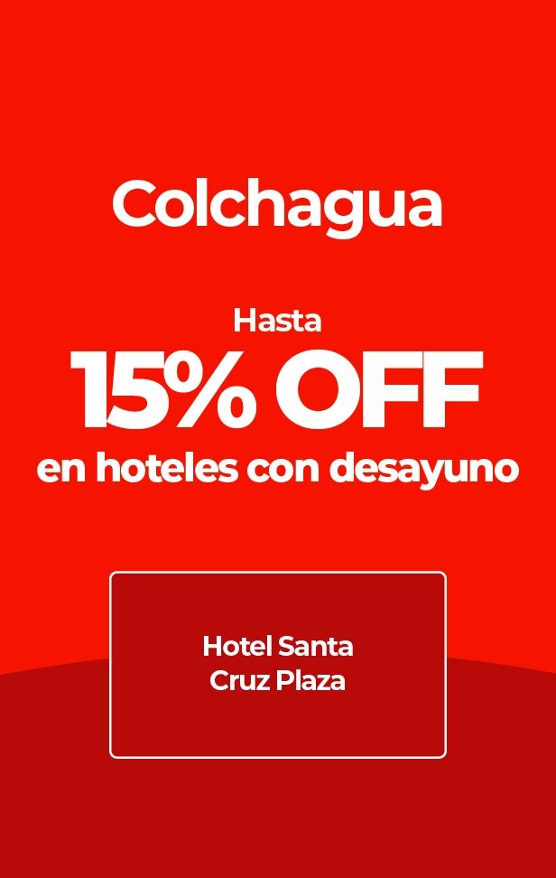 Anuncio de Colchagua: 15% de descuento en hoteles con desayuno, como Santa Cruz Plaza.