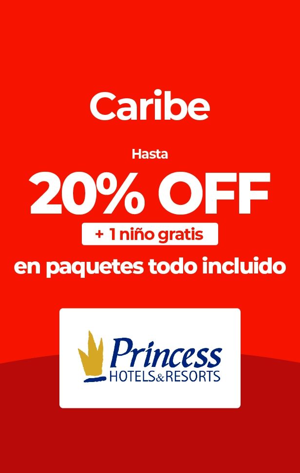Texto con oferta de Princess Hotels & Resorts: 20% OFF y niño gratis en Caribe.