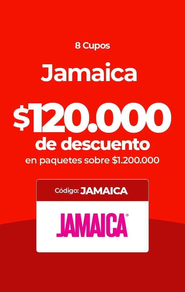 Descuento de $120.000 para paquetes Jamaica utilizando el código JAMAICA.