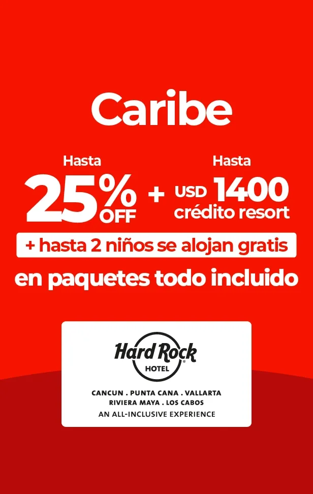 Anuncio de Hard Rock Hotel con ofertas de paquetes todo incluido para el Caribe.