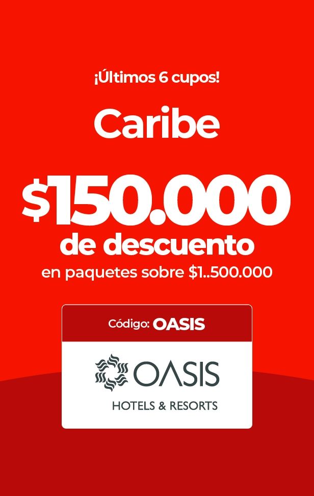 Póster rojo con un descuento de $150.000 para paquetes del Caribe y el logo de Oasis Hotels.