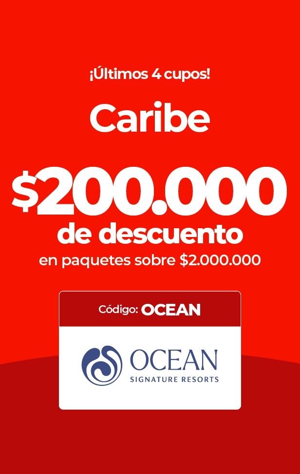 Anuncio de $200.000 de descuento en paquetes Caribe usando código OCEAN.