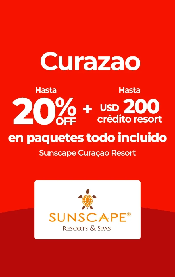 Anuncio de oferta Sunscape Curaçao: hasta 20% y $200 en paquetes todo incluido.