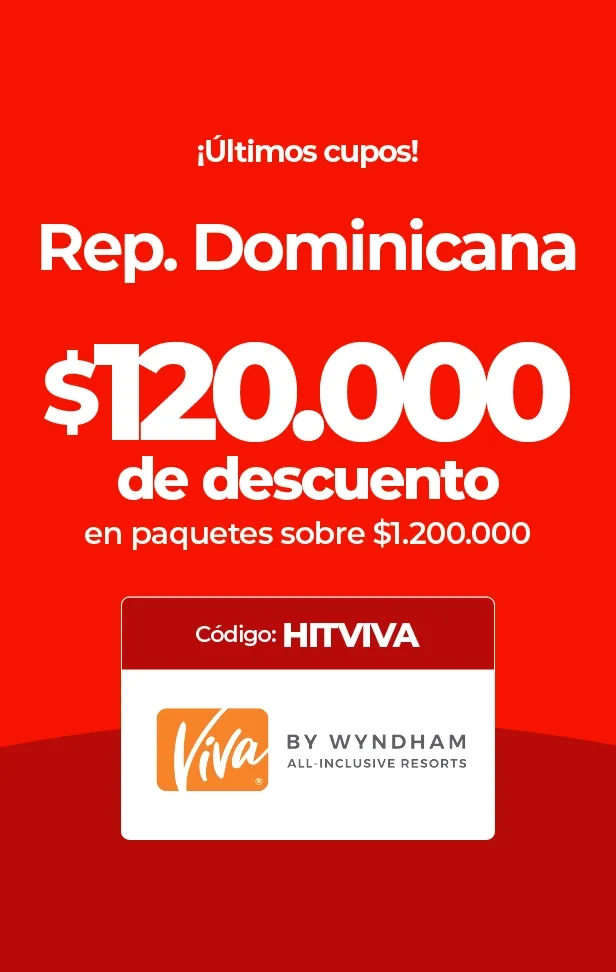 Anuncio de descuento de $120.000 para paquetes a República Dominicana con Viva Wyndham.