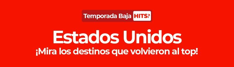 Texto sobre Estados Unidos y destinos bajo el título 'Temporada Baja HITS!'.