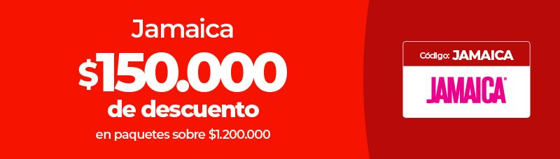 Banner rojo con descuento de $150.000 en paquetes Jamaica sobre $1.200.000.