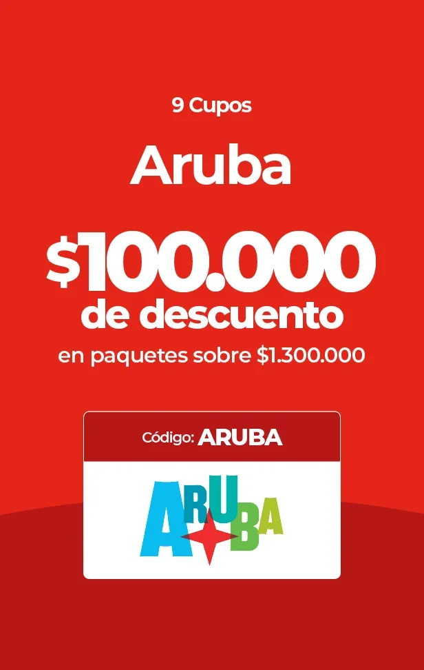 Aruba: $100.000 de descuento en paquetes, código ARUBA, 9 cupos disponibles.