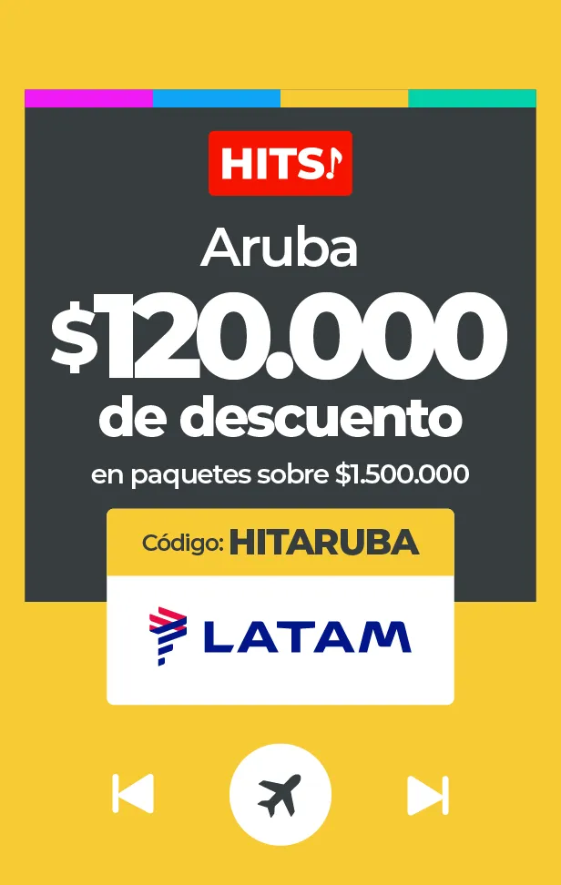 Anuncio de descuento de $120.000 para paquetes a Aruba con LATAM, código HITARUBA.
