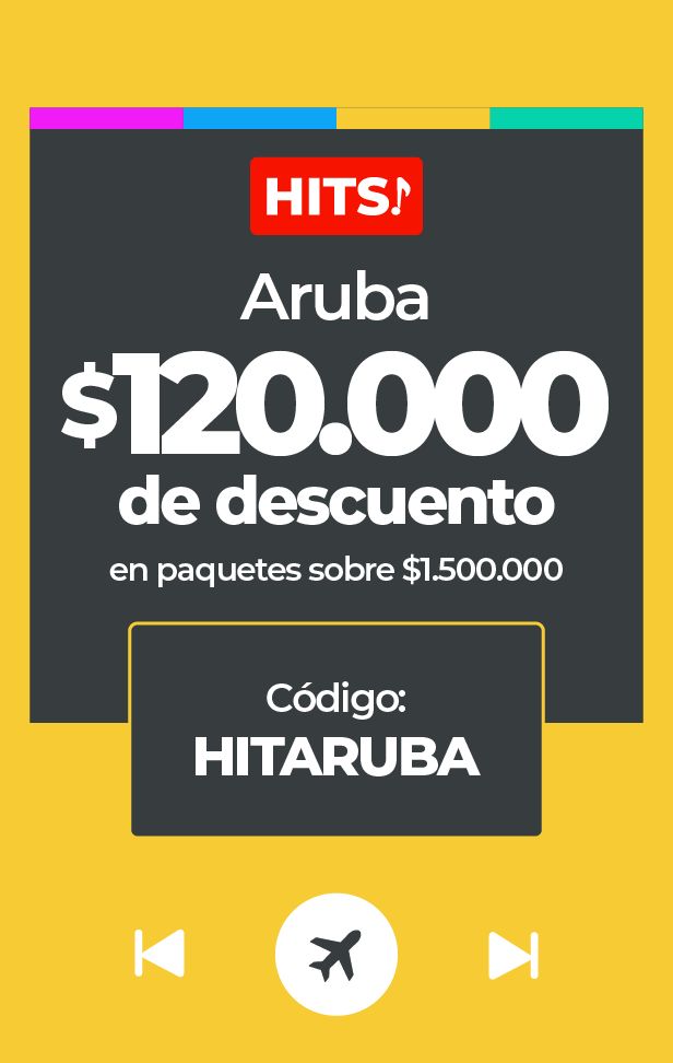 Anuncio de $120.000 de descuento en paquetes de viaje a Aruba con el código HITARUBA.
