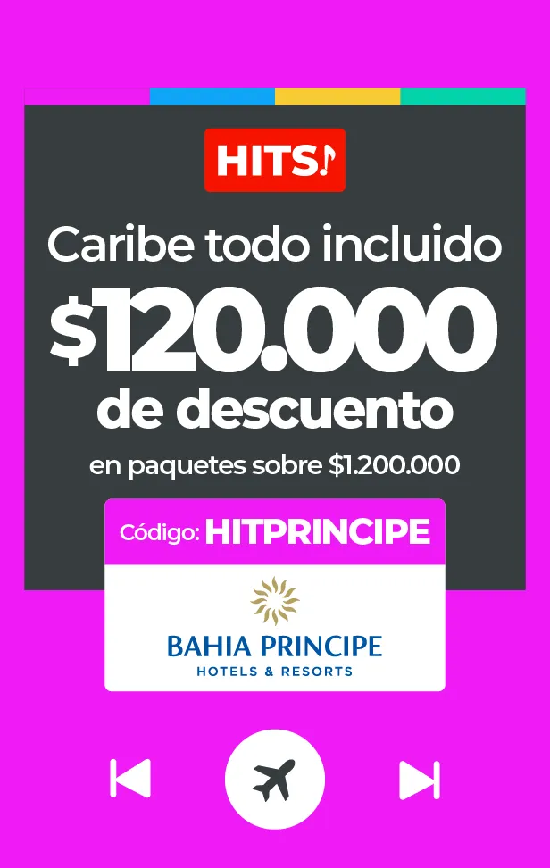 Anuncio de HITS y Bahia Principe con $120,000 de descuento en Caribe todo incluido.