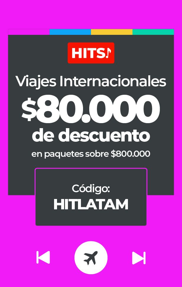 Póster de HITS con descuento de $80.000 en viajes internacionales usando HITLATAM.