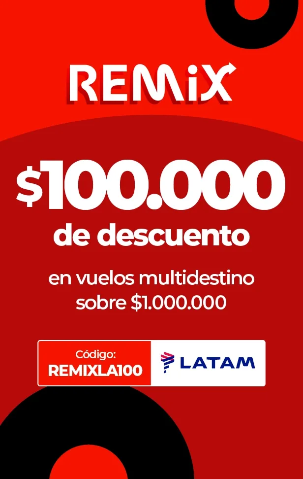 Imagen REMix con $100.000 de descuento en vuelos LATAM multidestino.