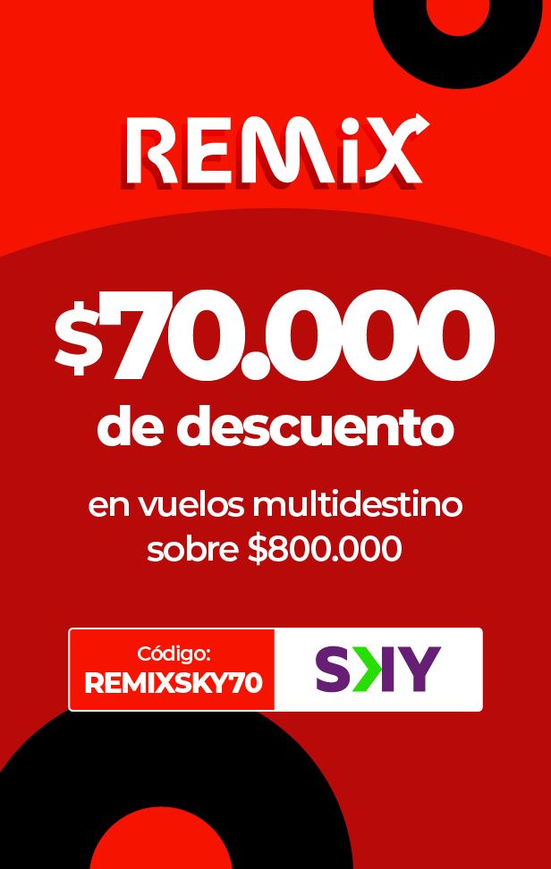 Anuncio de $70.000 de descuento REMIX en vuelos multidestino con SKY.