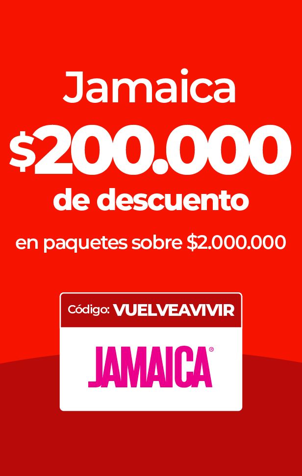 Anuncio de $200.000 de descuento en paquetes a Jamaica sobre $2.000.000, código VUELVEAVIVIR.