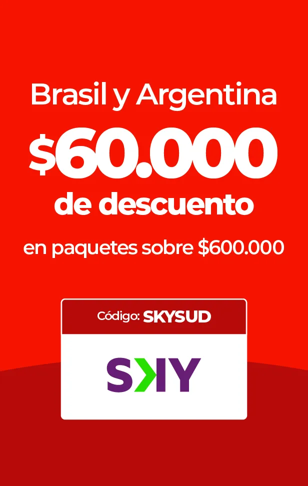 Anuncio de SKY: $60.000 de descuento en paquetes a Brasil y Argentina.
