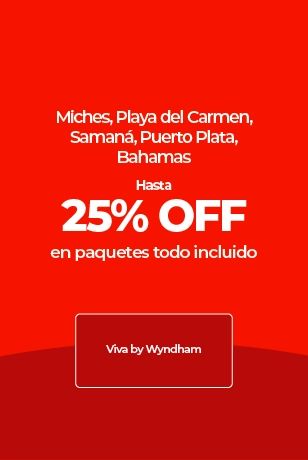 Póster rojo: 25% de descuento en paquetes todo incluido de Viva by Wyndham.