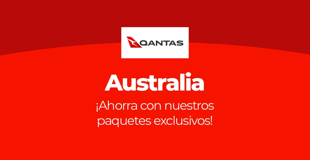 Imagen roja con el logo de Qantas y texto de paquetes a Australia.