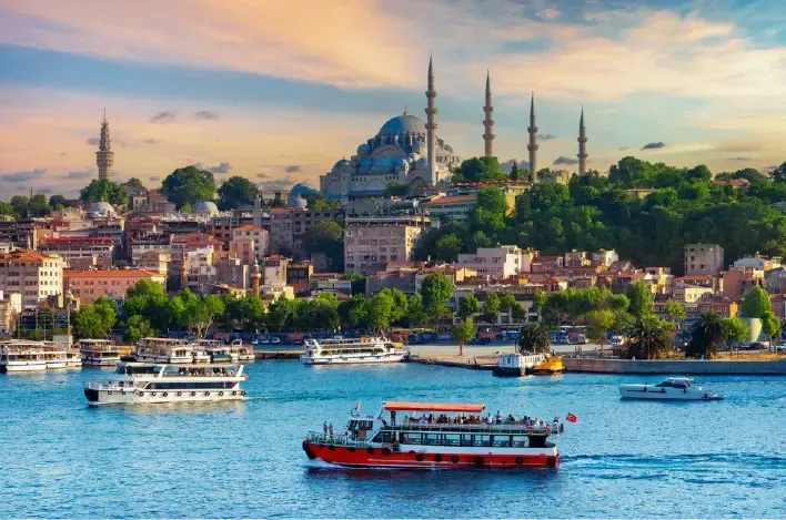 Vista panorámica de Estambul con mezquita, edificios y barcos en el agua.