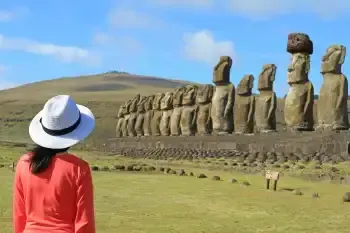 Mujer con sombrero mirando una hilera de estatuas Moai en Isla de Pascua.
